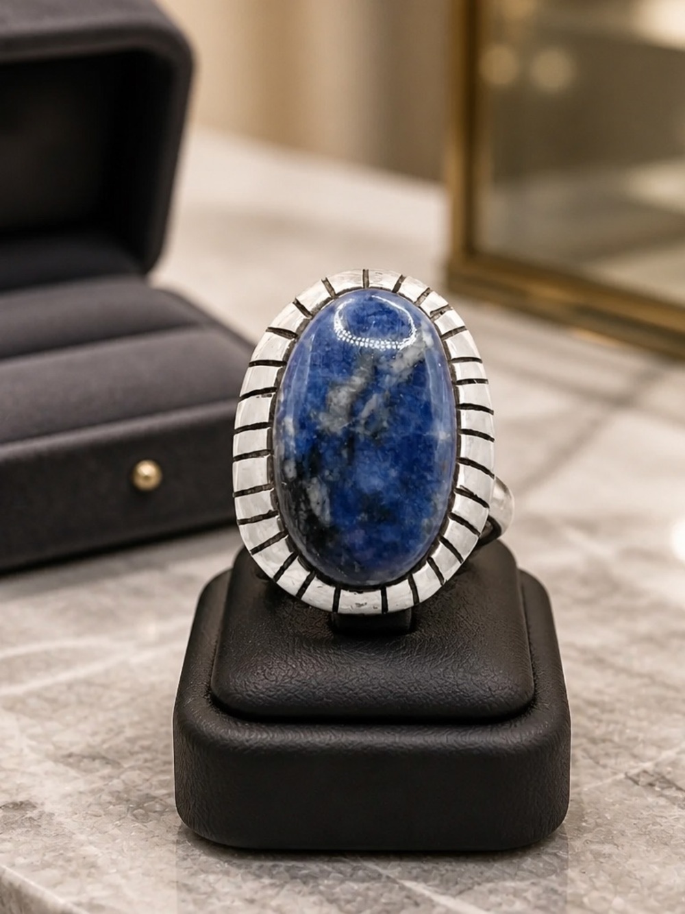 Size 8.5 Vintage Sodalite Sunburst 925 Sterling Silver Southwestern Style Ring